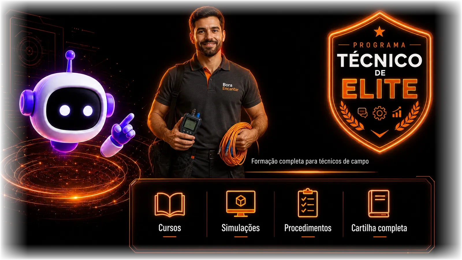 Formação completa para técnicos de campo com cursos, simulações, procedimentos e cartilha.